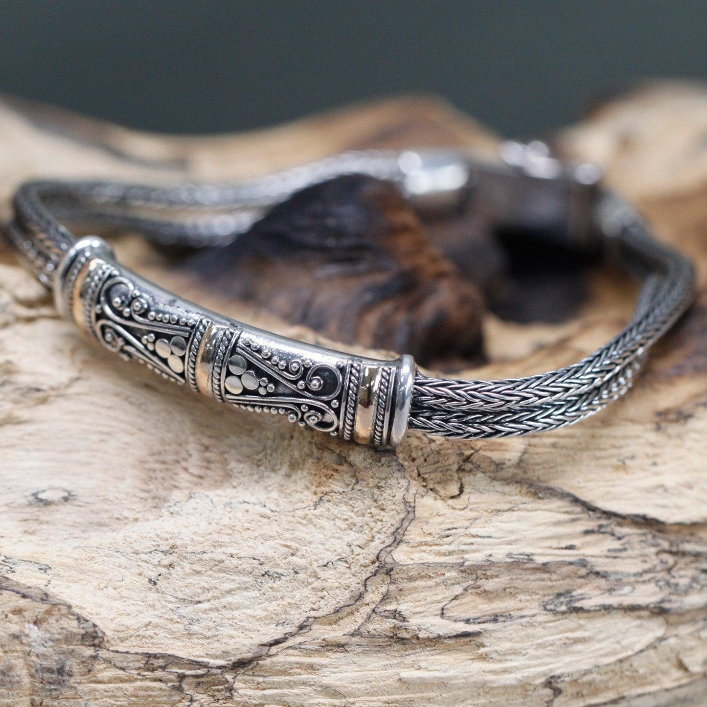 Handmade Bali Jewellery Silver & Gold Bracelet - Unisex Twin Chain - DuvetDay.co.uk