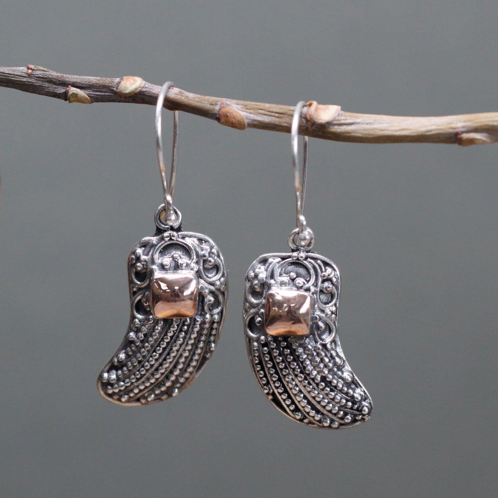 Handmade Bali Jewellery Silver & Gold Earring - Angel Wings - DuvetDay.co.uk