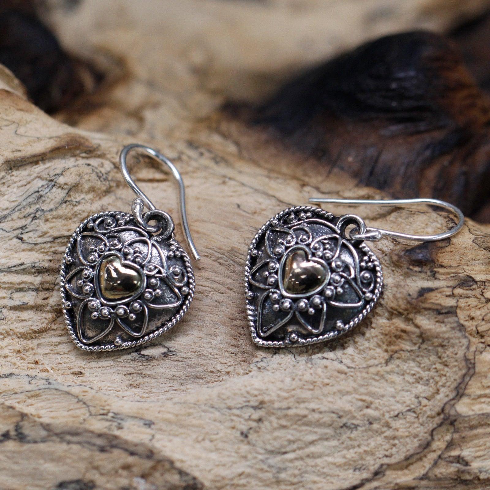 Handmade Bali Jewellery Silver & Gold Earring - Mandala Hearts - DuvetDay.co.uk