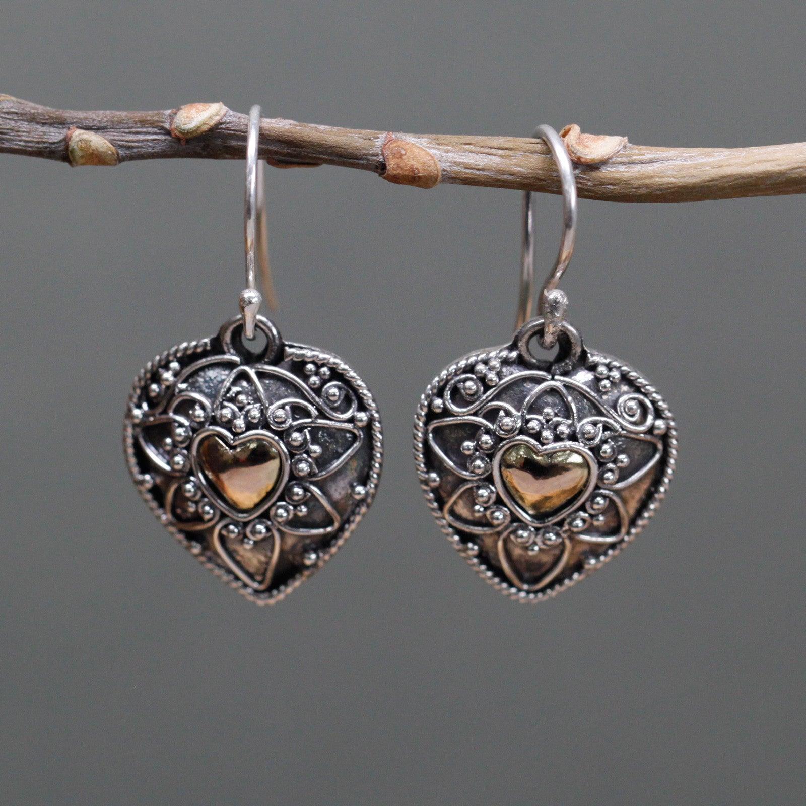 Handmade Bali Jewellery Silver & Gold Earring - Mandala Hearts - DuvetDay.co.uk