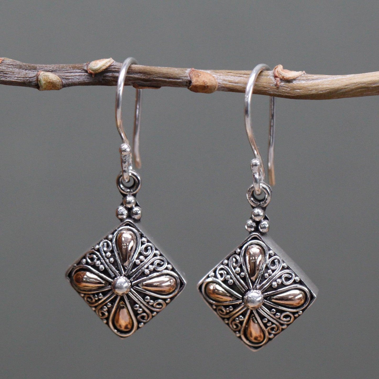 Handmade Bali Jewellery Silver & Gold Earring - Square Drop