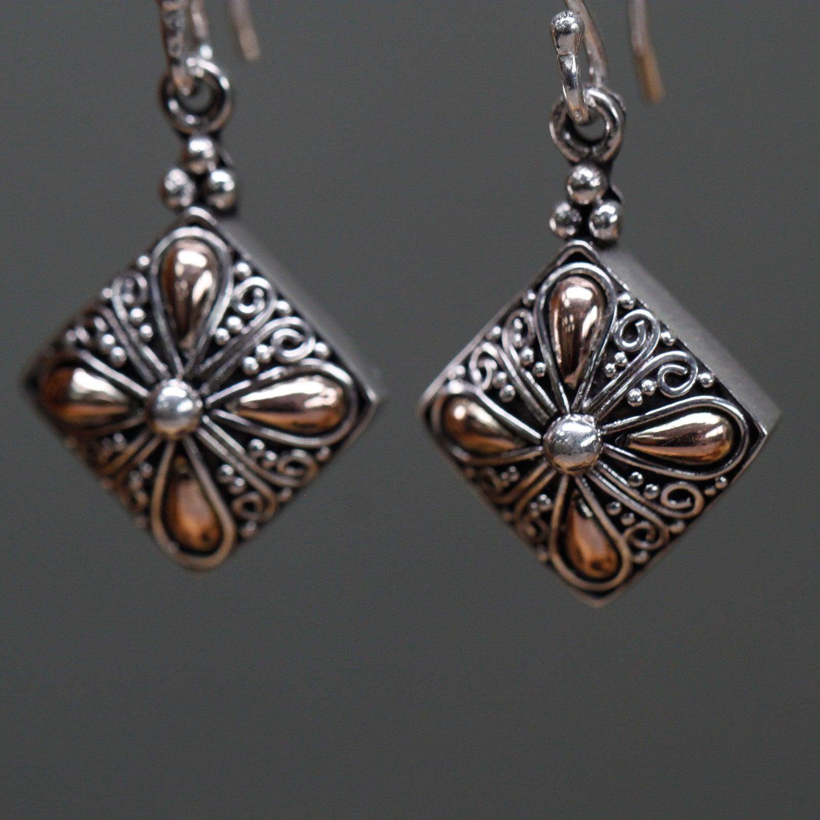 Handmade Bali Jewellery Silver & Gold Earring - Square Drop