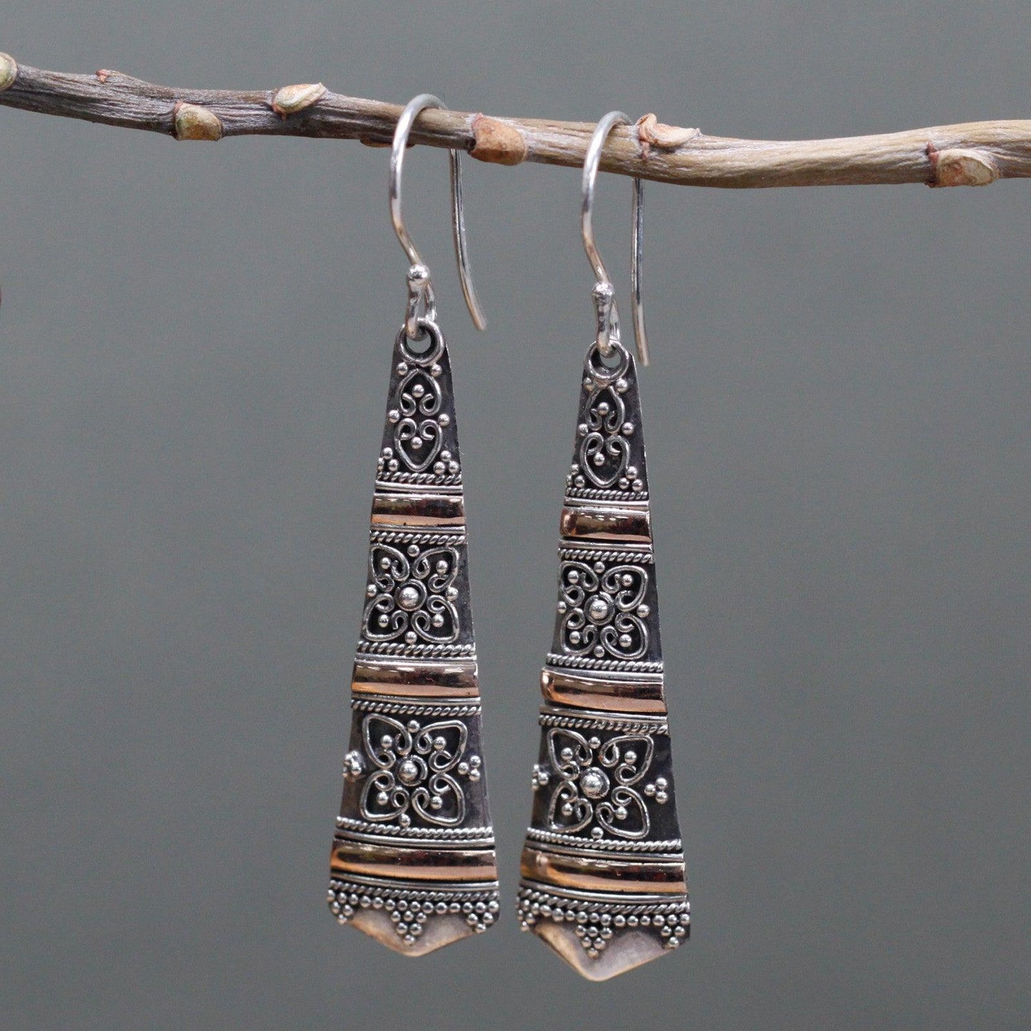Handmade Bali Jewellery Silver & Gold Earring - Tribal Drops - DuvetDay.co.uk