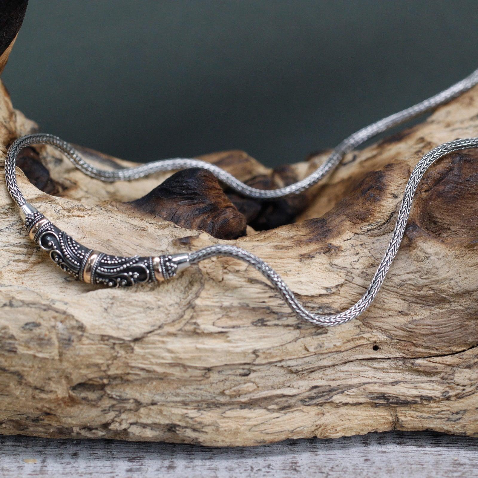 Handmade Bali Jewellery Silver & Gold Necklace - Tribal Pendant