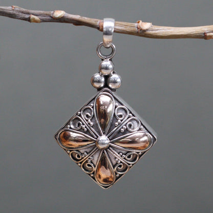 Handmade Bali Jewellery Silver & Gold Pendant - Square Drop