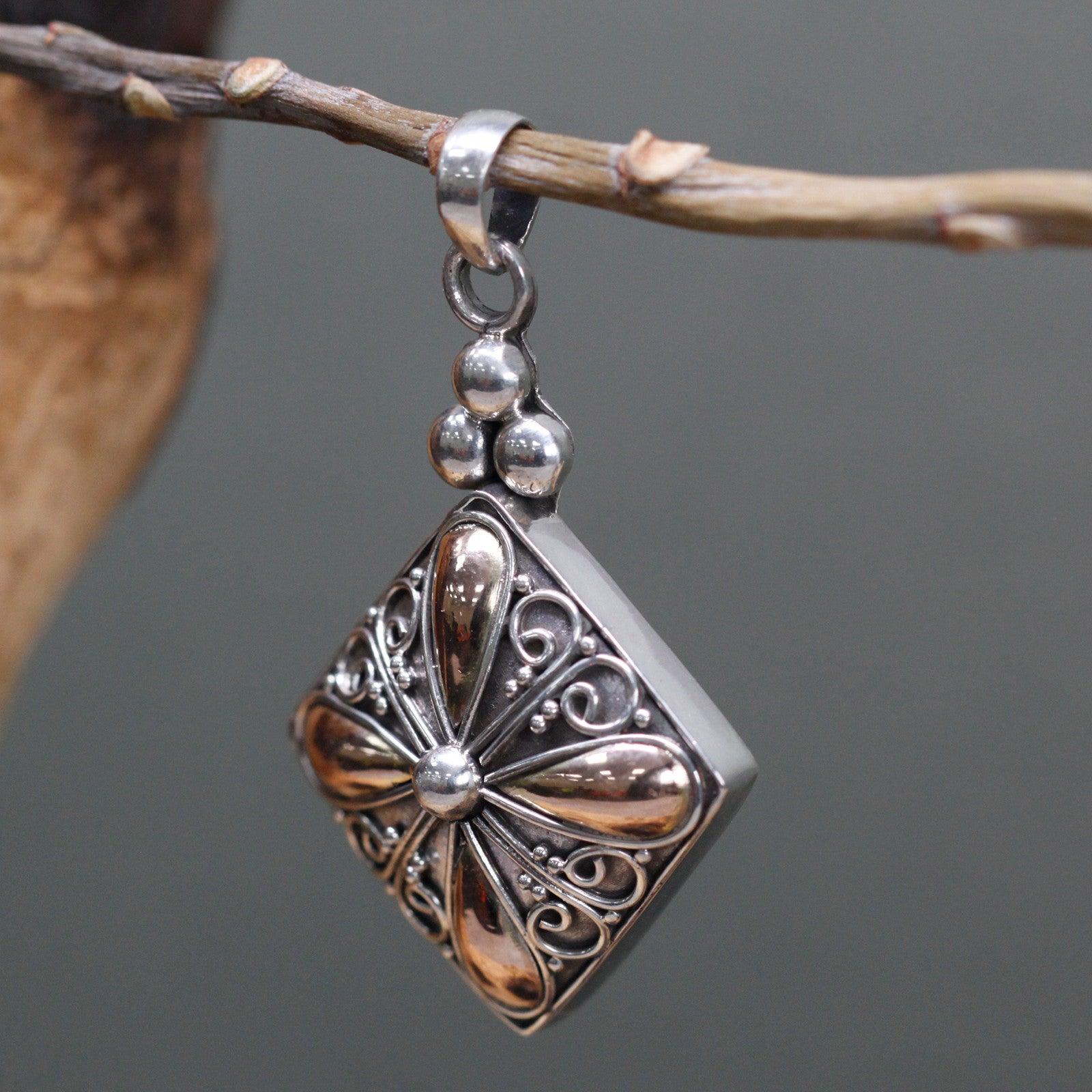 Handmade Bali Jewellery Silver & Gold Pendant - Square Drop