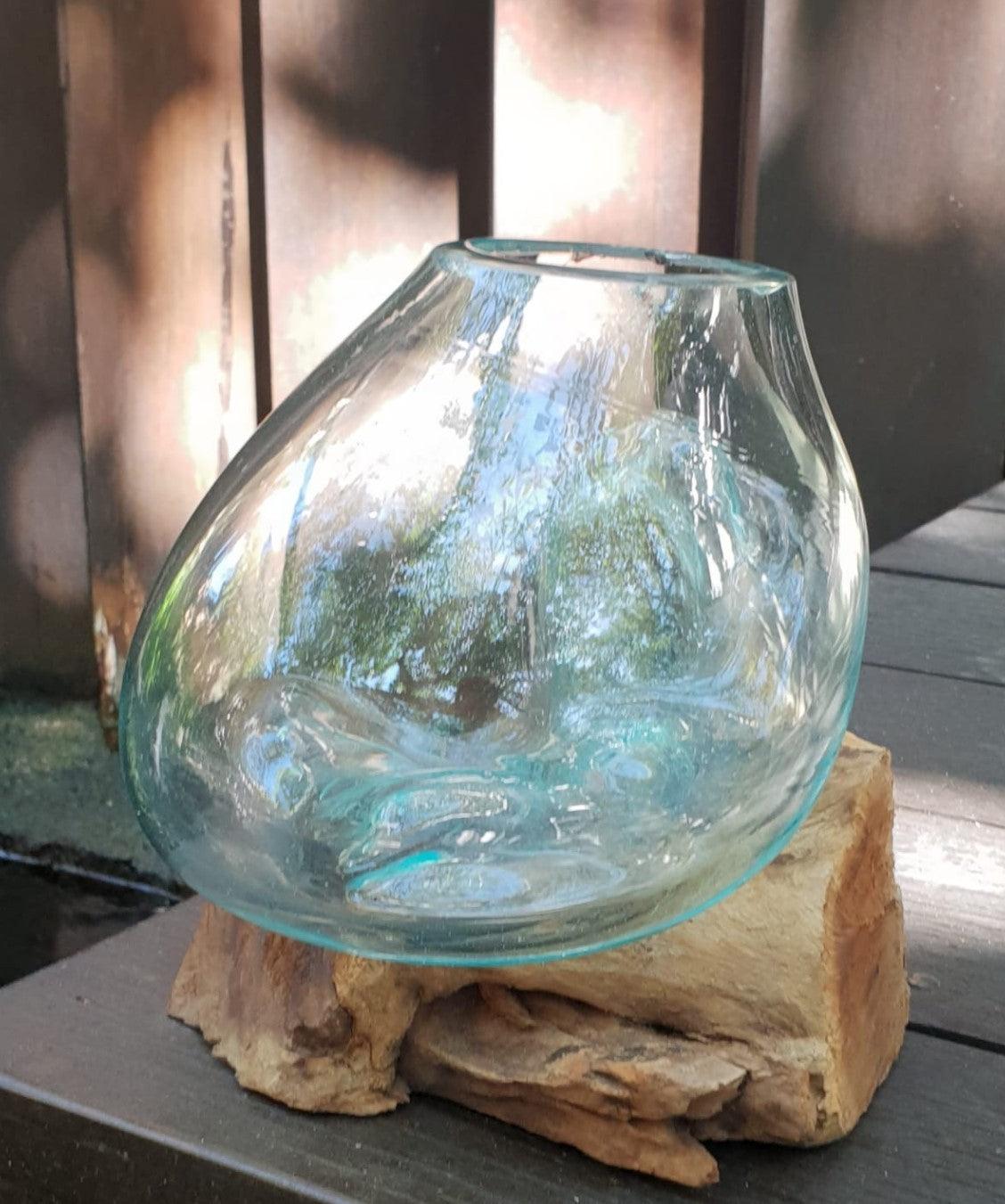 Handmade Molten Glass Bowl on Wood - Medium - DuvetDay.co.uk