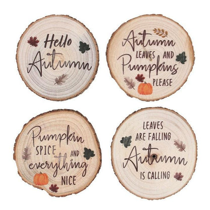 Hello Autumn Wood Slice Coaster Set - DuvetDay.co.uk