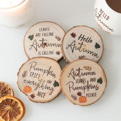 Hello Autumn Wood Slice Coaster Set - DuvetDay.co.uk