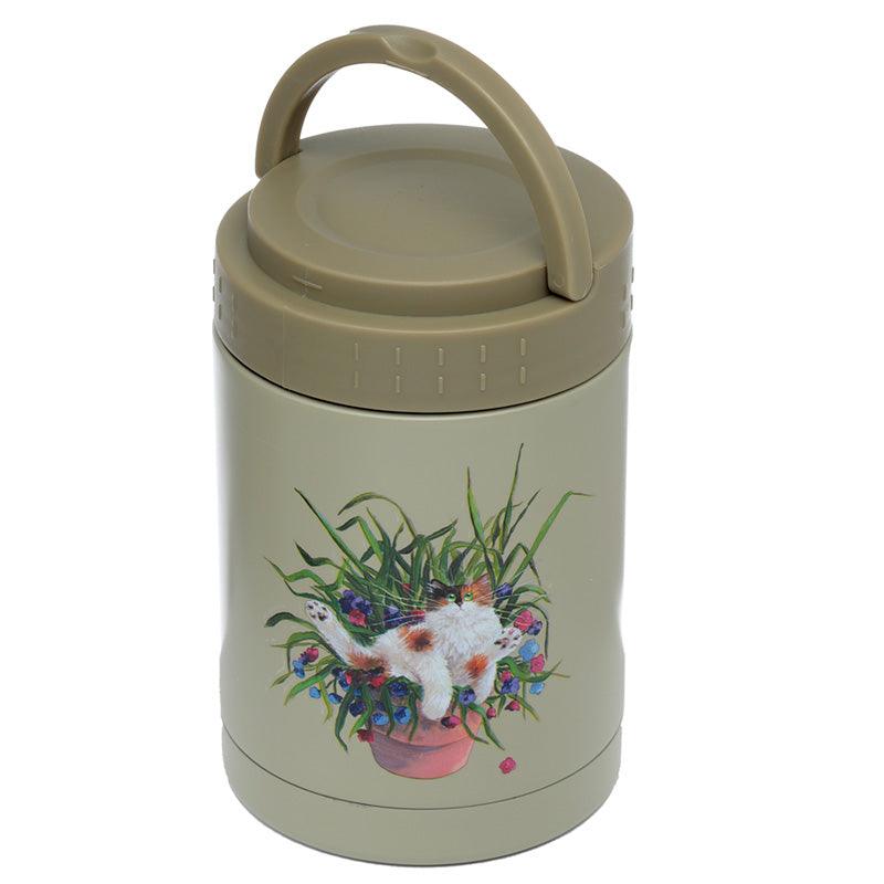Kim Haskins Cat in Plant Pot Stainless Steel Insulated Food Snack/Lunch Pot 500ml - DuvetDay.co.uk
