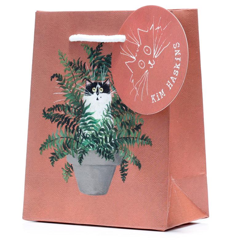 Kim Haskins Floral Cat in Fern Red Gift Bag - Small - DuvetDay.co.uk