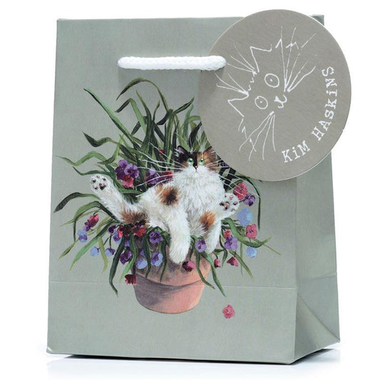 Kim Haskins Floral Cat in Plant Pot Green Gift Bag - Small - DuvetDay.co.uk