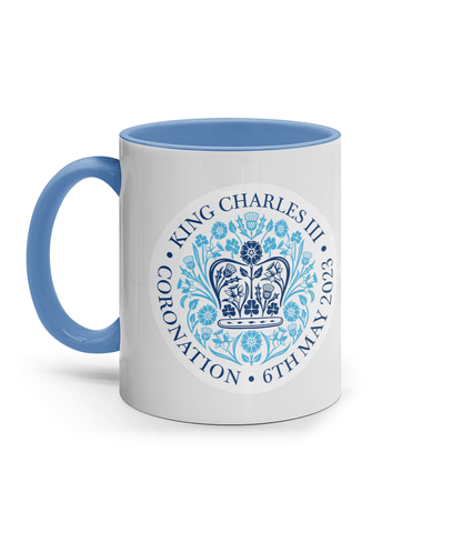 King Charles III Coronation 2023 11oz blue emblem mug. Coronation celebration mug - DuvetDay.co.uk