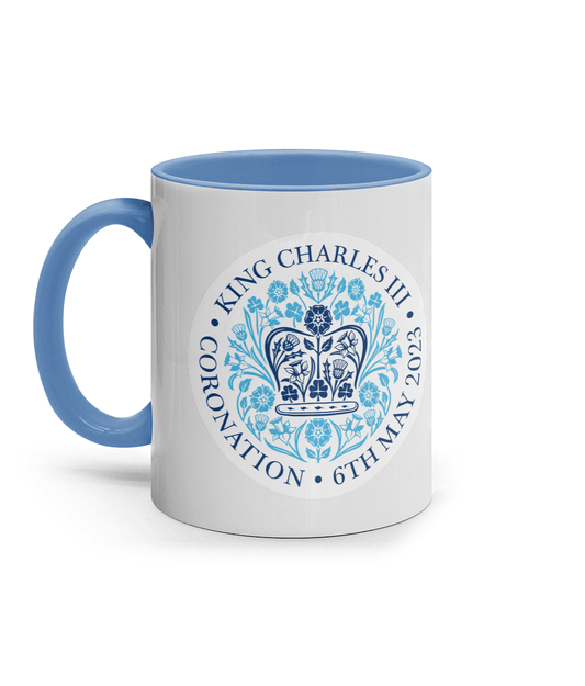 King Charles III Coronation 2023 11oz blue emblem mug. Coronation celebration mug - DuvetDay.co.uk