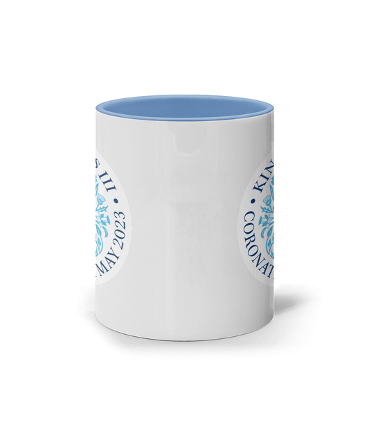 King Charles III Coronation 2023 11oz blue emblem mug. Coronation celebration mug - DuvetDay.co.uk