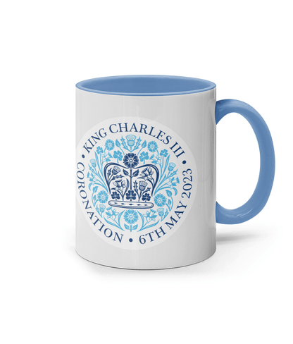 King Charles III Coronation 2023 11oz blue emblem mug. Coronation celebration mug - DuvetDay.co.uk