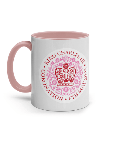 King Charles III Coronation 2023 11oz pink emblem mug. Coronation celebration mug - DuvetDay.co.uk