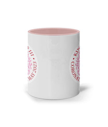 King Charles III Coronation 2023 11oz pink emblem mug. Coronation celebration mug - DuvetDay.co.uk