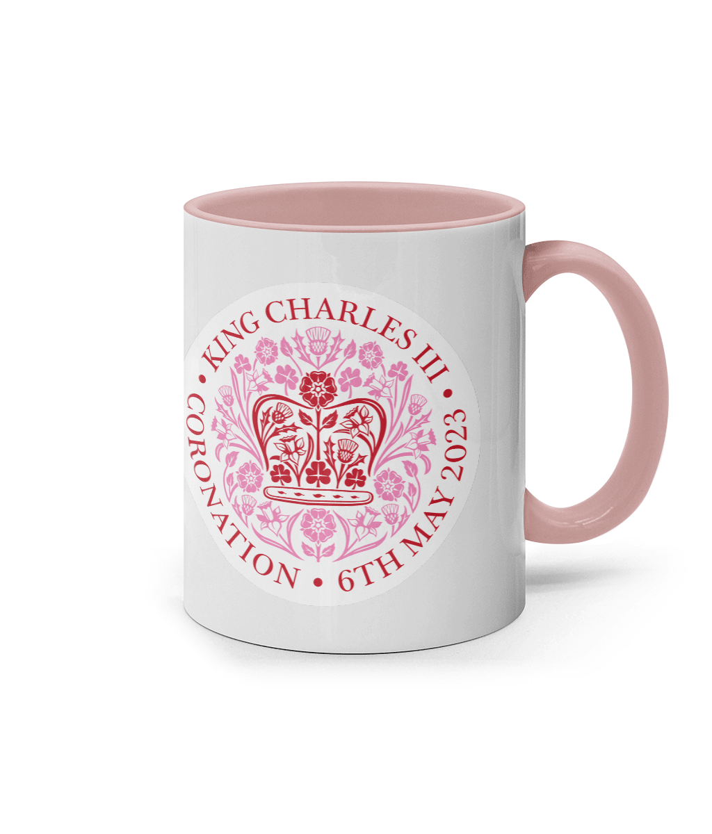 King Charles III Coronation 2023 11oz pink emblem mug. Coronation celebration mug - DuvetDay.co.uk
