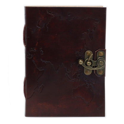 Leather World Map & Stitching Notebook (7x5") - DuvetDay.co.uk