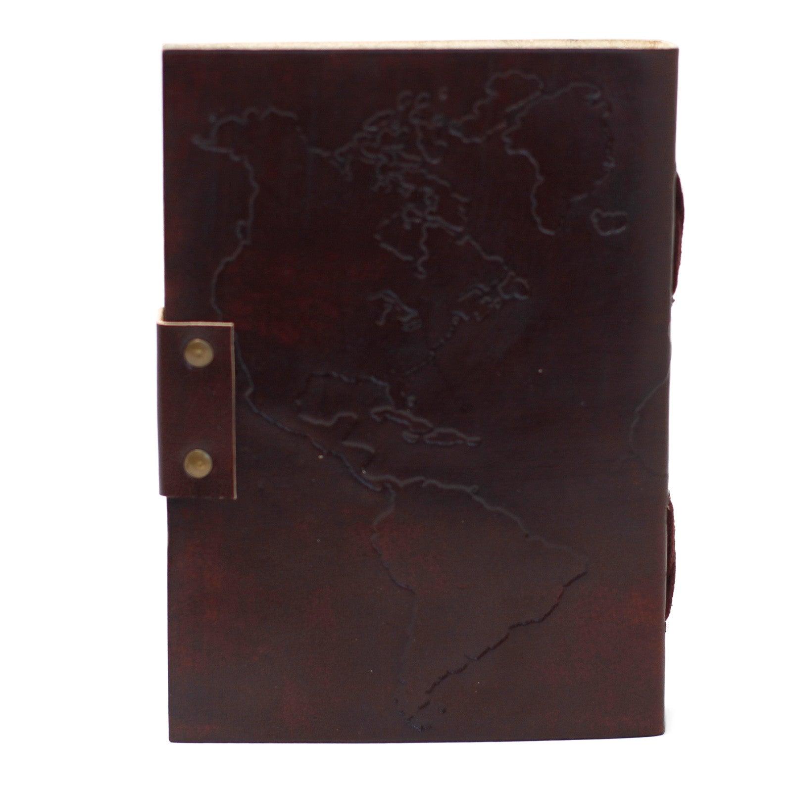 Leather World Map & Stitching Notebook (7x5") - DuvetDay.co.uk