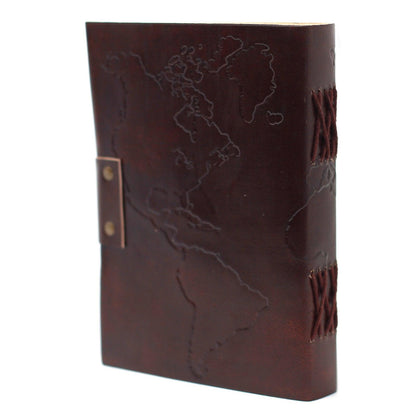 Leather World Map & Stitching Notebook (7x5") - DuvetDay.co.uk