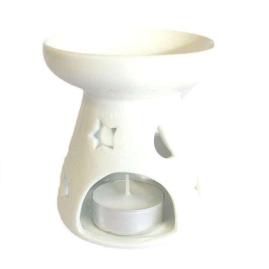 Lrg Classic White Oil Burner - Moon & Star - DuvetDay.co.uk