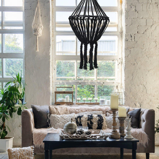 Macrame Large Drop Chandelier - Black - DuvetDay.co.uk