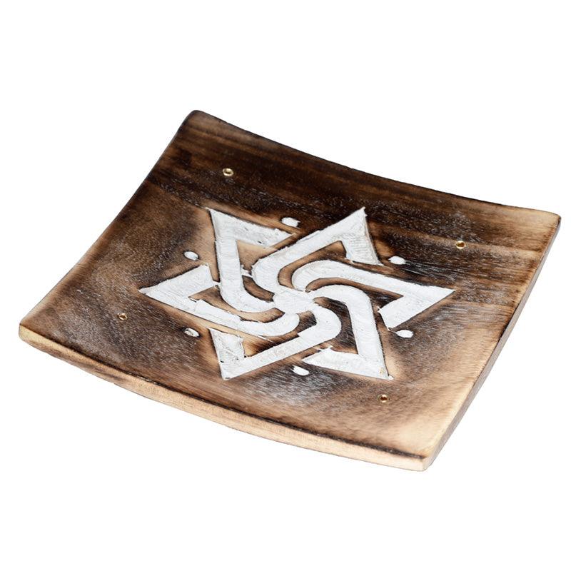 Mango Wood Square Carved Geometric Ash Catcher Incense Sticks Burner - DuvetDay.co.uk