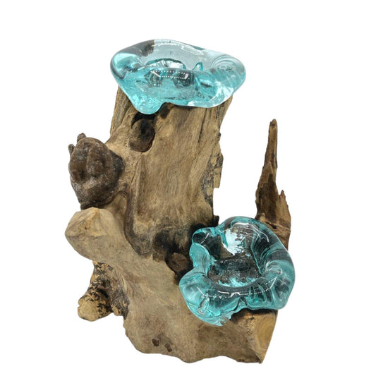 Molton Glass Candle Double Holder on Wood - DuvetDay.co.uk