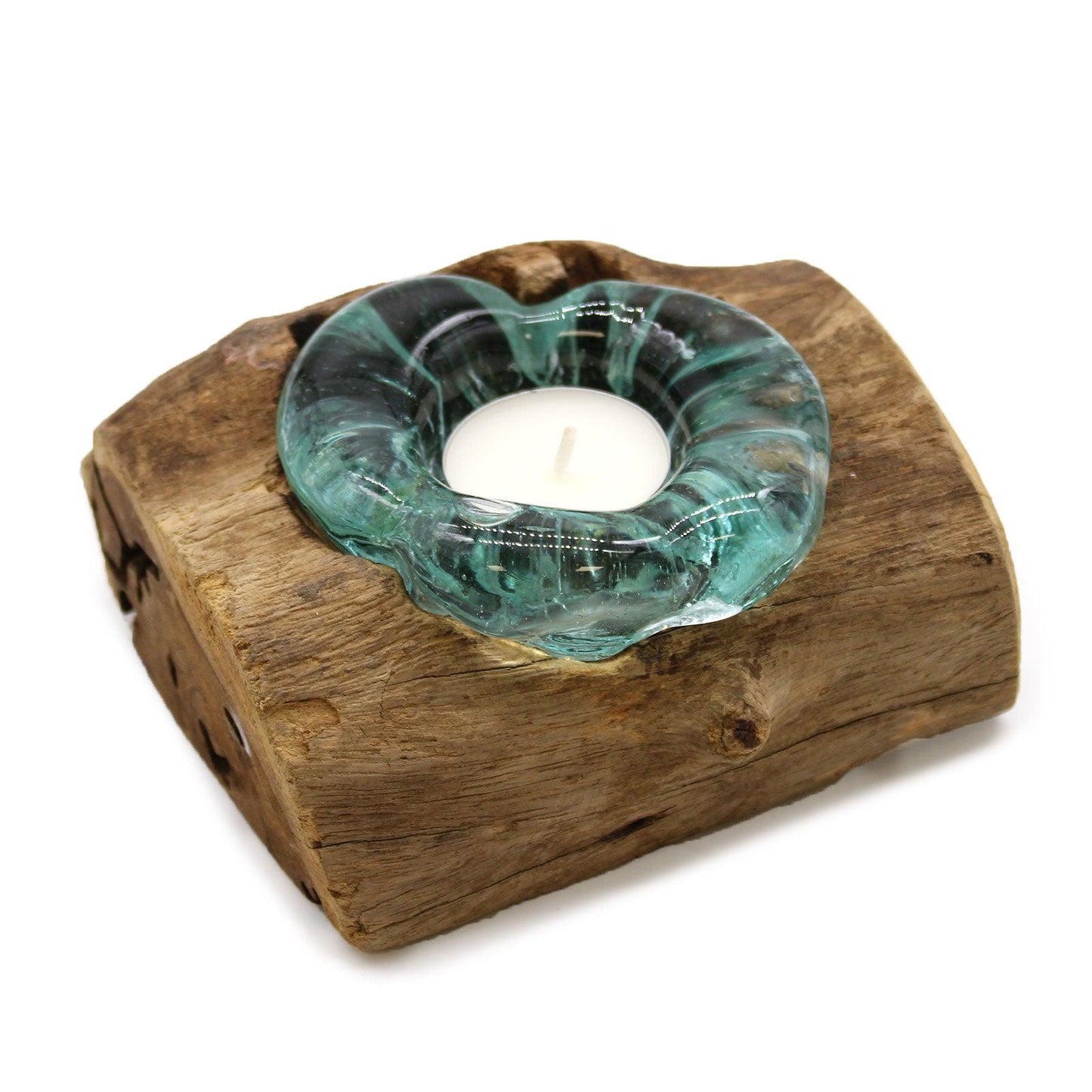 Molton Glass Candle Single Holder on Wood - DuvetDay.co.uk