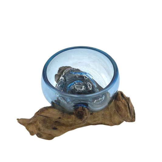 Molton Glass Mini Blue Bowl on Wood - DuvetDay.co.uk