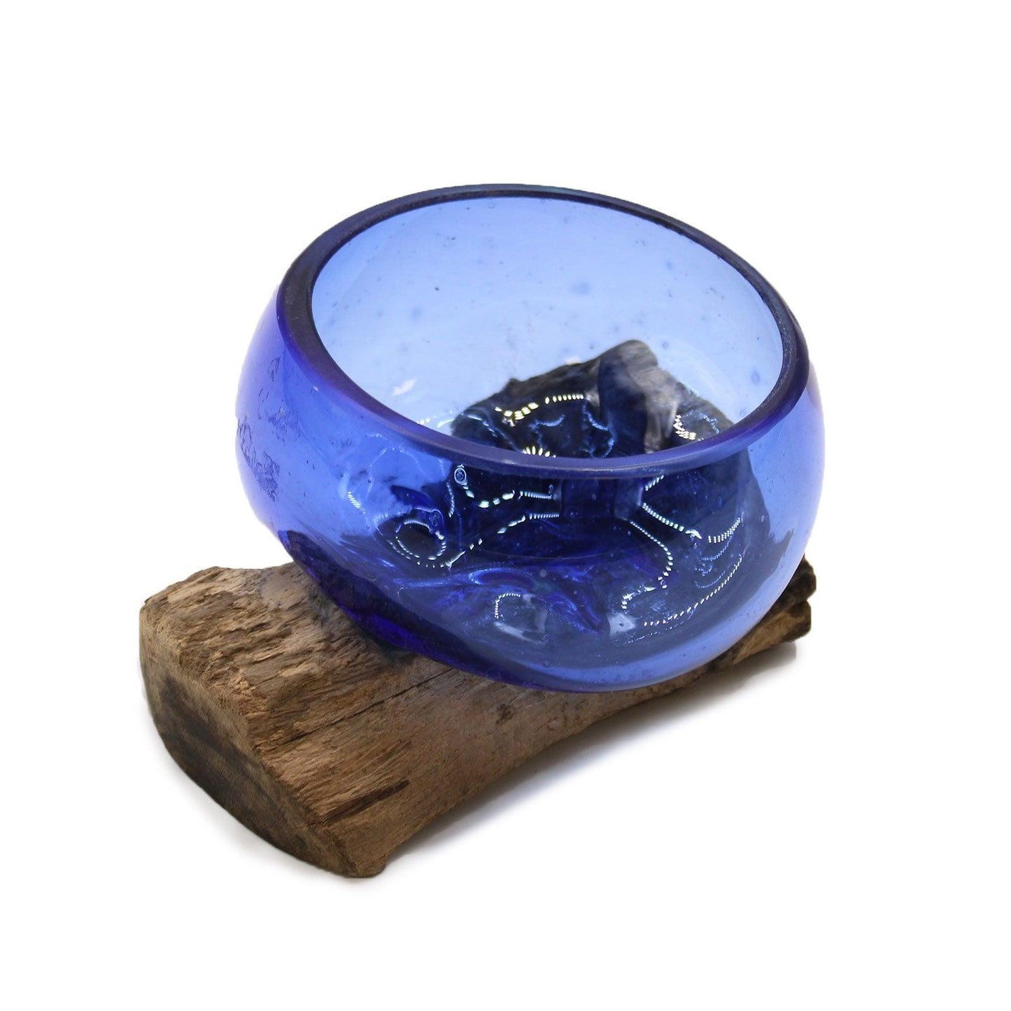 Molton Glass Mini Blue Bowl on Wood - DuvetDay.co.uk
