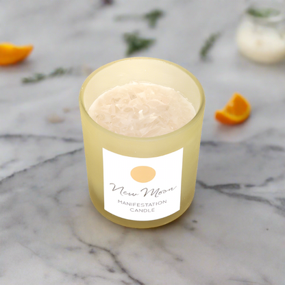 New Moon Wild Orange Manifestation Candle with Clear Quartz