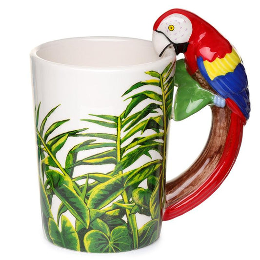 Novelty Ceramic Jungle Mug with Parrot Shaped Handle - DuvetDay.co.uk