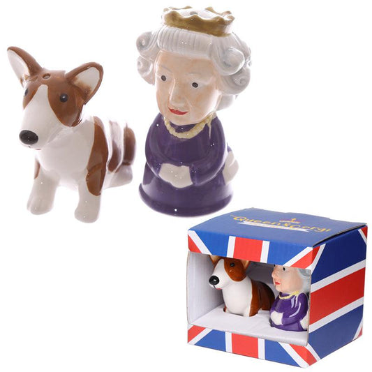 Novelty Collectable Queen and Corgi Ceramic Salt and Pepper Set - DuvetDay.co.uk