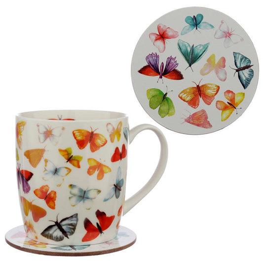 Porcelain Mug and Coaster Gift Set - Butterfly House - DuvetDay.co.uk