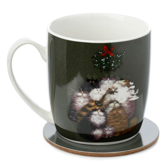Porcelain Mug and Coaster Gift Set - Kim Haskins 12 Cats of Christmas - DuvetDay.co.uk