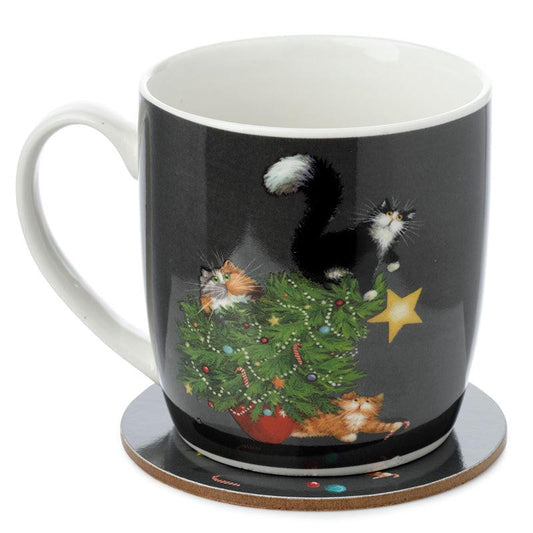 Porcelain Mug and Coaster Gift Set - Kim Haskins Christmas Tree Catastrophe Cats - DuvetDay.co.uk