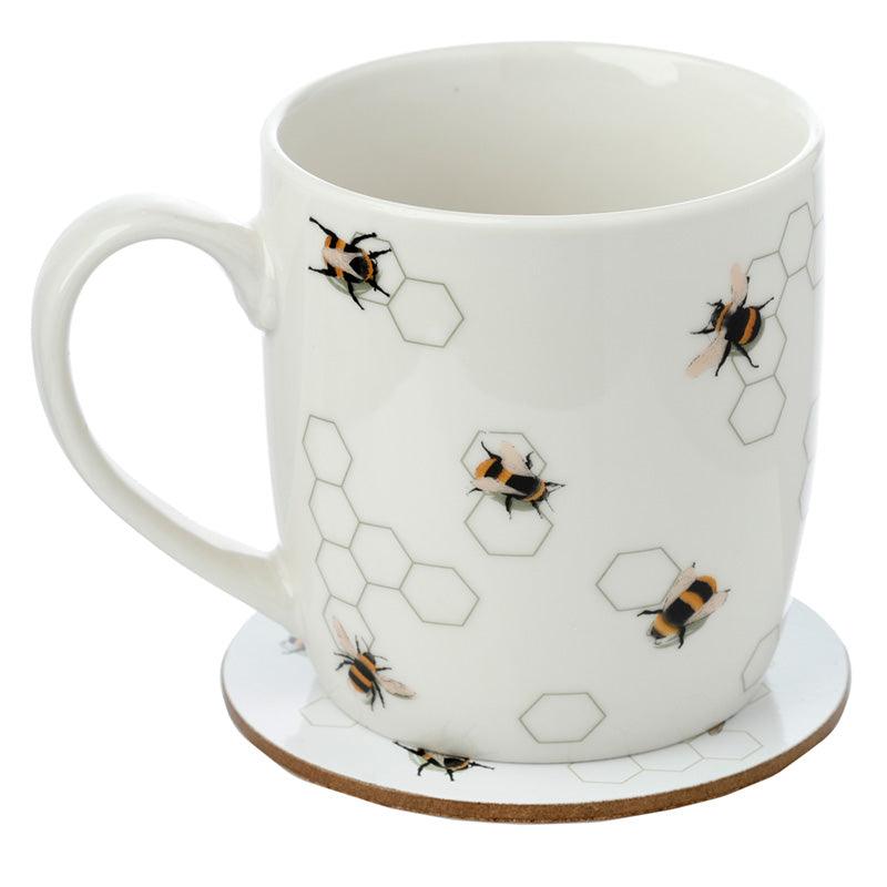 Porcelain Mug & Coaster Set - Nectar Meadow Bee - DuvetDay.co.uk