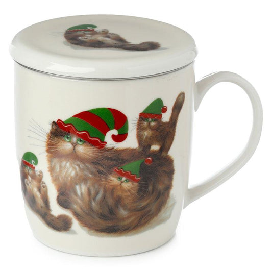 Porcelain Mug & Infuser Set - Kim Haskins Christmas Elf Cats - DuvetDay.co.uk