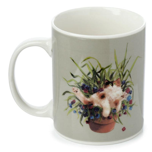 Porcelain Mug - Kim Haskins Cat in Plant Pot Green - DuvetDay.co.uk