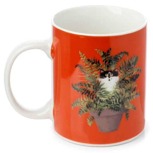 Porcelain Mug - Kim Haskins Cat in Plant Pot Red - DuvetDay.co.uk