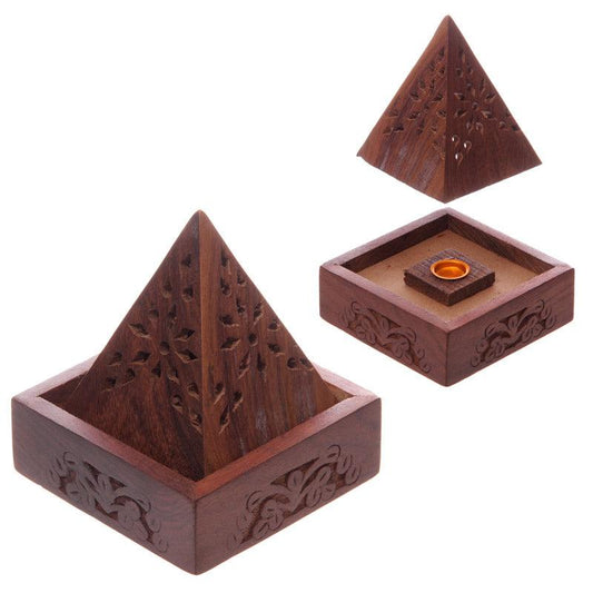 Pyramid Sheesham Wood Incense Cone Box with Fretwork - DuvetDay.co.uk