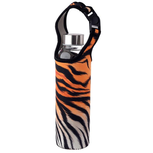 Reusable 500ml Glass Water Bottle with Protective Neoprene Sleeve - Big Cat Spots and Stripes