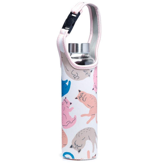 Reusable 500ml Glass Water Bottle with Protective Neoprene Sleeve - Cat's Life