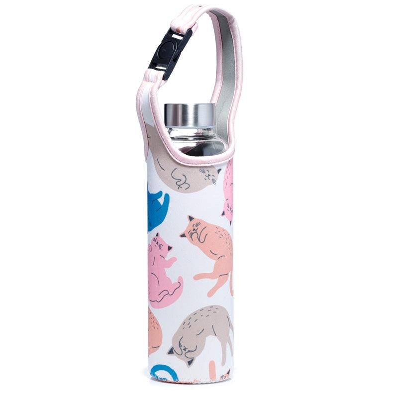 Reusable 500ml Glass Water Bottle with Protective Neoprene Sleeve - Cat's Life - DuvetDay.co.uk