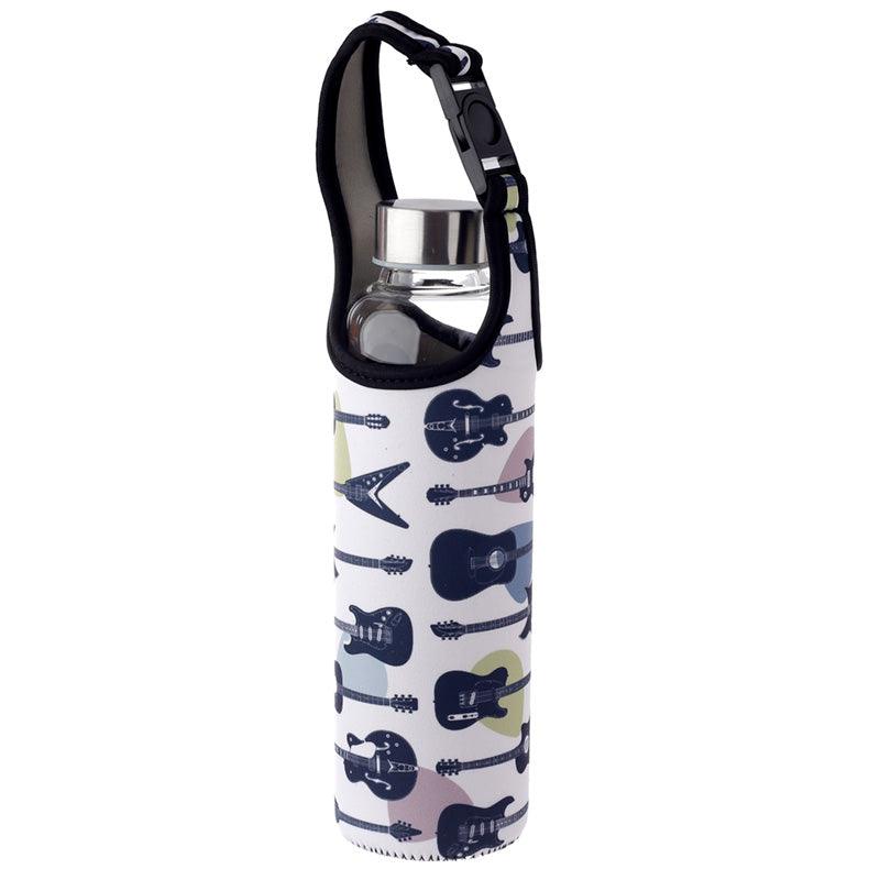 Reusable 500ml Glass Water Bottle with Protective Neoprene Sleeve - Headstock Guitar - DuvetDay.co.uk