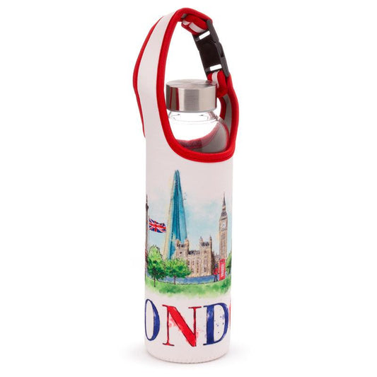 Reusable 500ml Glass Water Bottle with Protective Neoprene Sleeve - London Icons - DuvetDay.co.uk