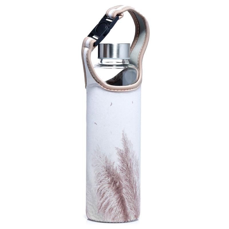 Reusable 500ml Glass Water Bottle with Protective Neoprene Sleeve - Pampas Grass - DuvetDay.co.uk